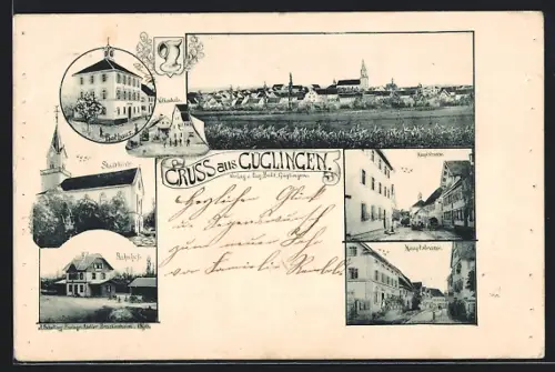 AK Güglingen, Hauptstrasse, Bahnhof, Rathaus, Volksschule