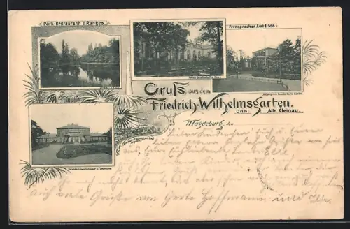 AK Magdeburg, Friedrich-Wilhelmsgarten: Park-Restaurant, Neues Gesellschaftshaus, Gruson-Gewächshäuser, Palmenhaus