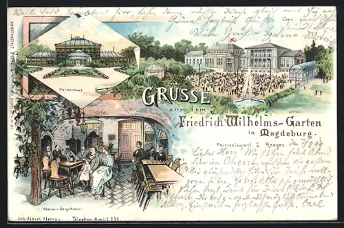 Lithographie Magdeburg, Gasthaus Friedrich Wilhelms-Garten, Kloster-Berge-Keller, Palmenhaus