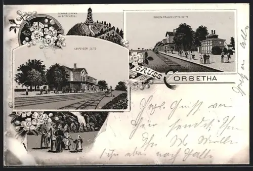 Lithographie Corbetha, Bahnhof Leipziger Seite und Berlin-Frankfurter Seite, Scherbelberg im Rosenthal