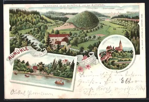 Lithographie Weida /Thür., Aumühle, Osterburg, Panorama von der Aumühle und dem Aumathal mit Eisenhammer