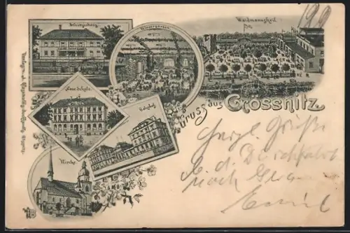 Lithographie Grössnitz, Gaststätte Waidmannsheil, Bahnhof, Schützenhaus, Wintergarten, Neue Schule und Kirche