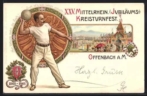 Lithographie Offenbach a. M., XXV. Mittelrhein. (Jubiläums-) Kreisturnfest 1901, Veranstaltungsgelände und Turner