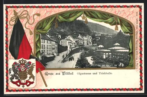 Passepartout-Lithographie Wildbad / Schwarzwald, Olgastrasse und Trinkhalle, Wappen und Fahne