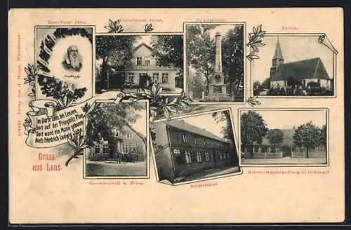 AK Lanz, Gasthaus v. Fritze, Materialwarenhandlung v. Grünwald, Jahndenkmal, Geburtshaus Turnvater Jahn