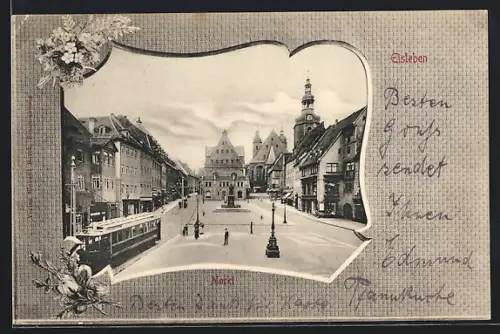 AK Eisleben, Strassenbahn auf dem Marktplatz bei Geschäften