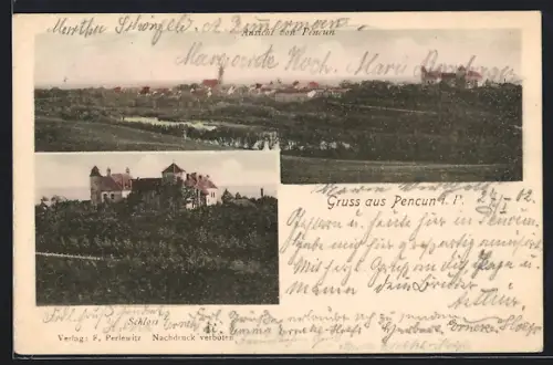 AK Penkun, Schloss und Panoramaansicht auf den Ort