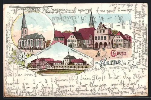 Lithographie Werne a. d. Lippe, Marktplatz mit Kriegerdenkmal, Christopherus-Hospital, Kapuz. Kloster und Kirche