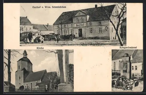 AK Dautzschen /Torgau, Gasthof v. Wwe. Schmiedchen, Kriegerdenkmal und Kirche
