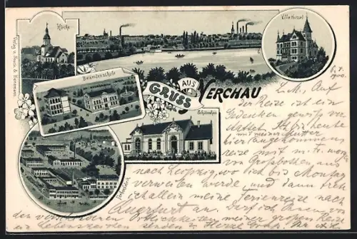 Lithographie Nerchau, Farbenfabrik, Schützenhaus, Villa Hessel