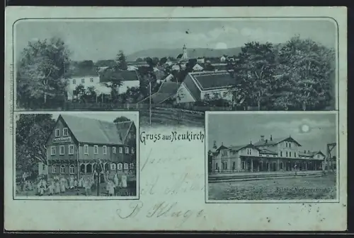 Mondschein-AK Neukirch / Lausitz, Bahnhof, Bethlehemstift und Ortsansicht