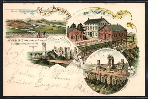 Lithographie Hohensyburg, Hotel Rich. Wulf, Kaiser Wilhelm-Denkmal, Ortsansicht