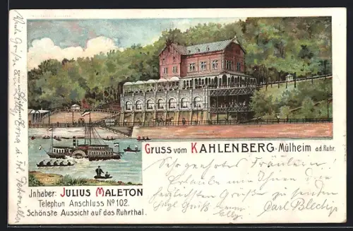 Lithographie Mülheim /Ruhr, Restaurant Kahlenberg v. Julius Maleton, Dampfer