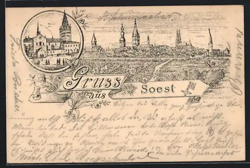 Lithographie Soest i. W., Panoramaansicht, Platz an der Kirche