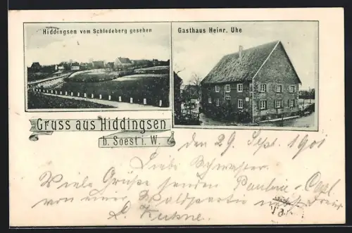 AK Hiddingsen b. Soest i. W., Gasthaus Heinr. Uhe, Ortsansicht vom Schledeberg aus gesehen