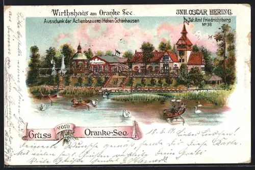 Lithographie Berlin-Weissensee, Uferpartie des Orankesees mit Blick auf das Wirtshaus