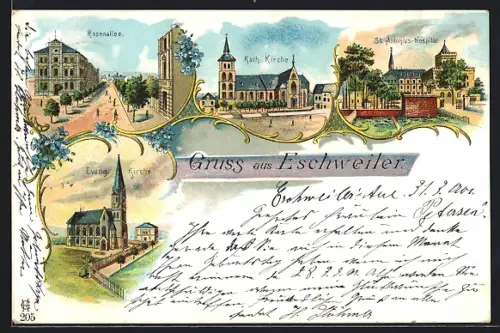 Lithographie Eschweiler, St. Antonius-Hospital, Katholische Kirche, Rosenallee