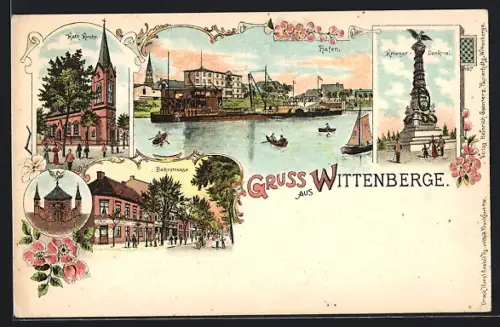 Lithographie Wittenberge, Hafen, Krieger Denkmal, Bahnstrasse