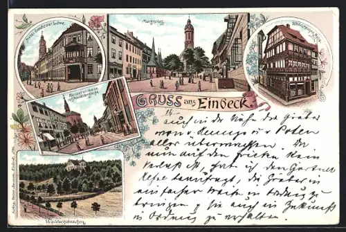 Lithographie Einbeck, Hotel Goldener Löwe, Benserstrasse mit Neustädter Kirche, Waldschlösschen, Altdeutsches Haus