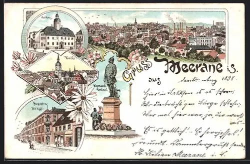 Lithographie Meerane, Rathaus, Kirche, Augustusstrasse, Bismarckdenkmal, Ortsansicht