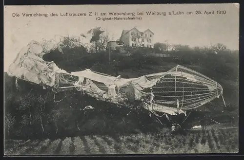 AK Weilburg a. Lahn, Die Vernichtung des Luftkreuzers Zeppelin Z II. am Webersberg 1910