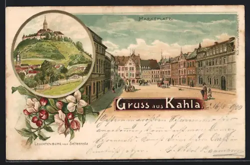 Lithographie Kahla / Saale, Marktplatz, Leuchtenburg von Seitenroda
