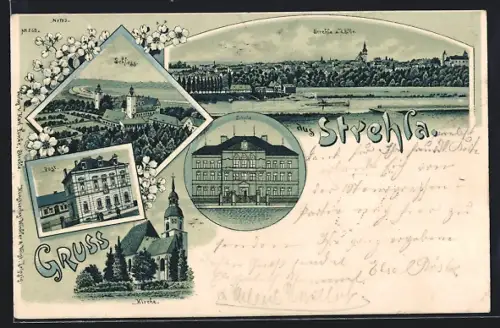 Lithographie Strehla / Elbe, Schloss, Schule, Post und Kirche, Panoramaansicht