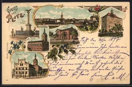 Lithographie Peitz, Bahnhof, Kriegerdenkmal und Rathaus