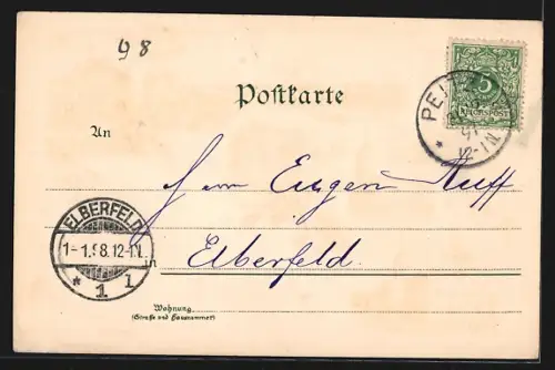 Lithographie Peitz, Bahnhof, Kriegerdenkmal und Rathaus