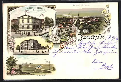 Lithographie Buxtehude, Hafen-Hotel, Bes. A. Lindemann, Baugewerbeschule, Totalansicht, Wettlauf Hase und Igel