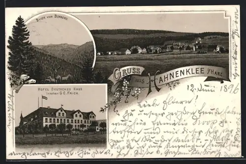 Lithographie Hahnenklee i. Harz, Hotel Deutsches Haus, Blick vom Borberg