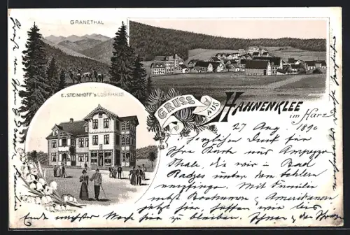 Lithographie Hahnenklee i. Harz, E. Steinhoff`s Hotel, Granethal und Ortsansicht