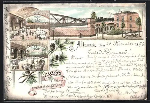 Lithographie Hamburg-Altona, Gasthof Stadtbahnhallen Kyffhäuser, Bahnhof