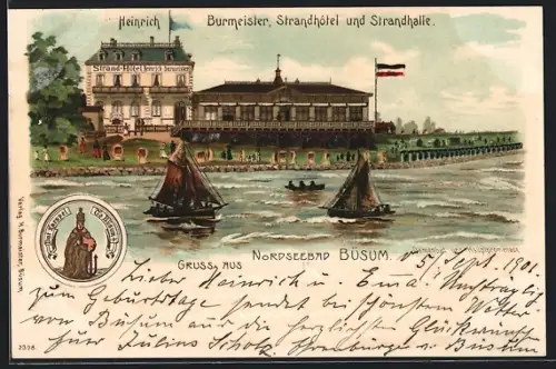Lithographie Büsum, Strand-Hotel und Strandhalle Heinrich Burmeister