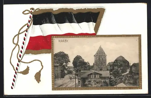 AK Karby, Ortspartie im Passepartout mit Reichsfahne
