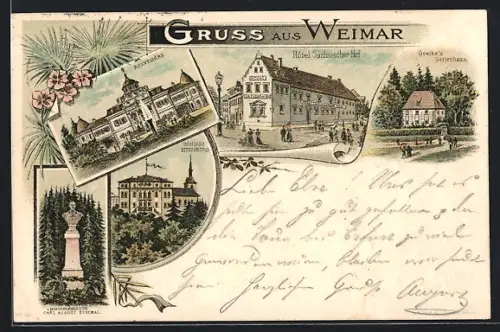 Lithographie Weimar / Thüringen, Hotel Sächsischer Hof, Goethe`s Gartenhaus, Belvedère, Schloss Ellersburg und Denkmal
