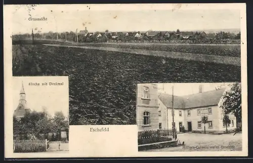 AK Eschefeld, Müllers Colonialwaren-Geschäft, Kirche mit Denkmal und Ortsansicht