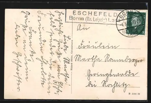 AK Eschefeld, Müllers Colonialwaren-Geschäft, Kirche mit Denkmal und Ortsansicht