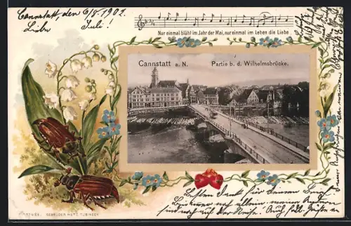 Passepartout-Lithographie Cannstatt a. N., Partie bei der Wilhelmsbrücke, Maikäfer und Maiglöckchen