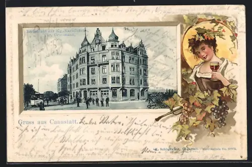 Passepartout-Lithographie Cannstatt, Restaurant zur Kg. Karl-Brücke, Bes. Chr. Grossmann, Dame mit Weinglas
