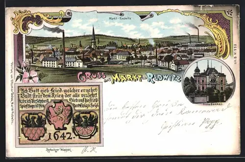 Lithographie Markt-Redwitz, Villa Benker mit Ortsansicht