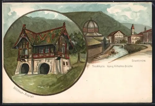 Lithographie Bad Wildbad, Stadtkirche, Milchkur-Anstalt
