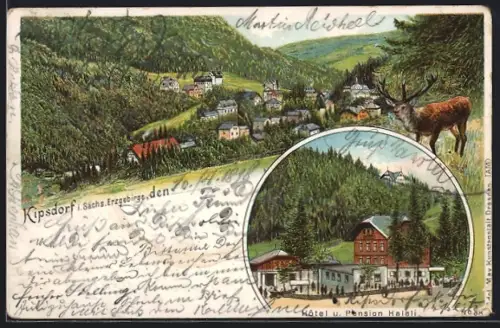 Lithographie Kipsdorf, Hotel und Pension Halali, Blick über den Ort, Hirsch