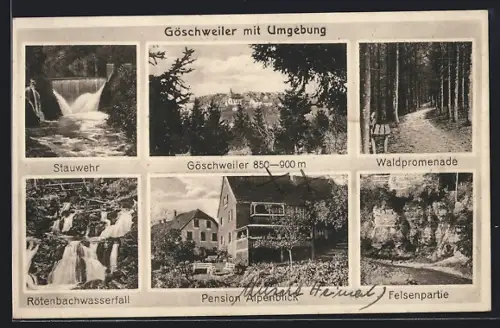 AK Göschweiler, Pension Alpenblick, Stauwehr, Waldpromenade, Rötenbachwasserfall und Felsenpartie