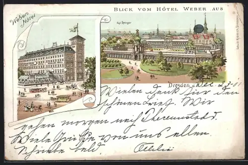 Lithographie Dresden, Weber`s Hotel, Blick vom Hotel zum Kgl. Zwinger