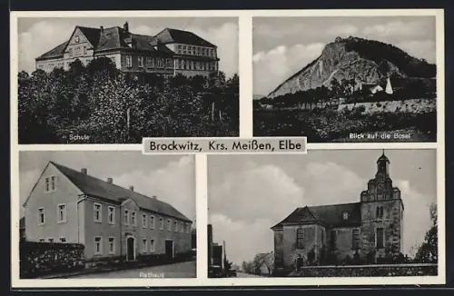 AK Brockwitz / Coswig, Schule, Rathaus und Blick auf die Bosel