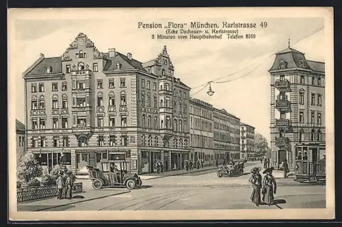 AK München, Pension Flora, Karlstrasse 49 Ecke Dachauerstrasse