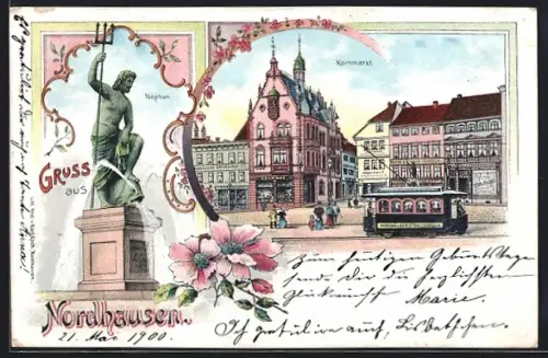 Lithographie Nordhausen, Kornmarkt mit Geschäften und Strassenbahn, Neptun