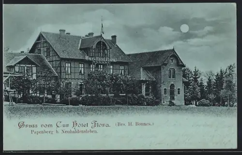 Mondschein-AK Papenberg b. Neuhaldensleben, Kur-Hotel Flora, Bes. H. Bonnes
