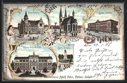 Lithographie Köthen / Anhalt, Landes-Seminar, Bachdenkmal, Höheres techn. Institut, Pferdekutsche